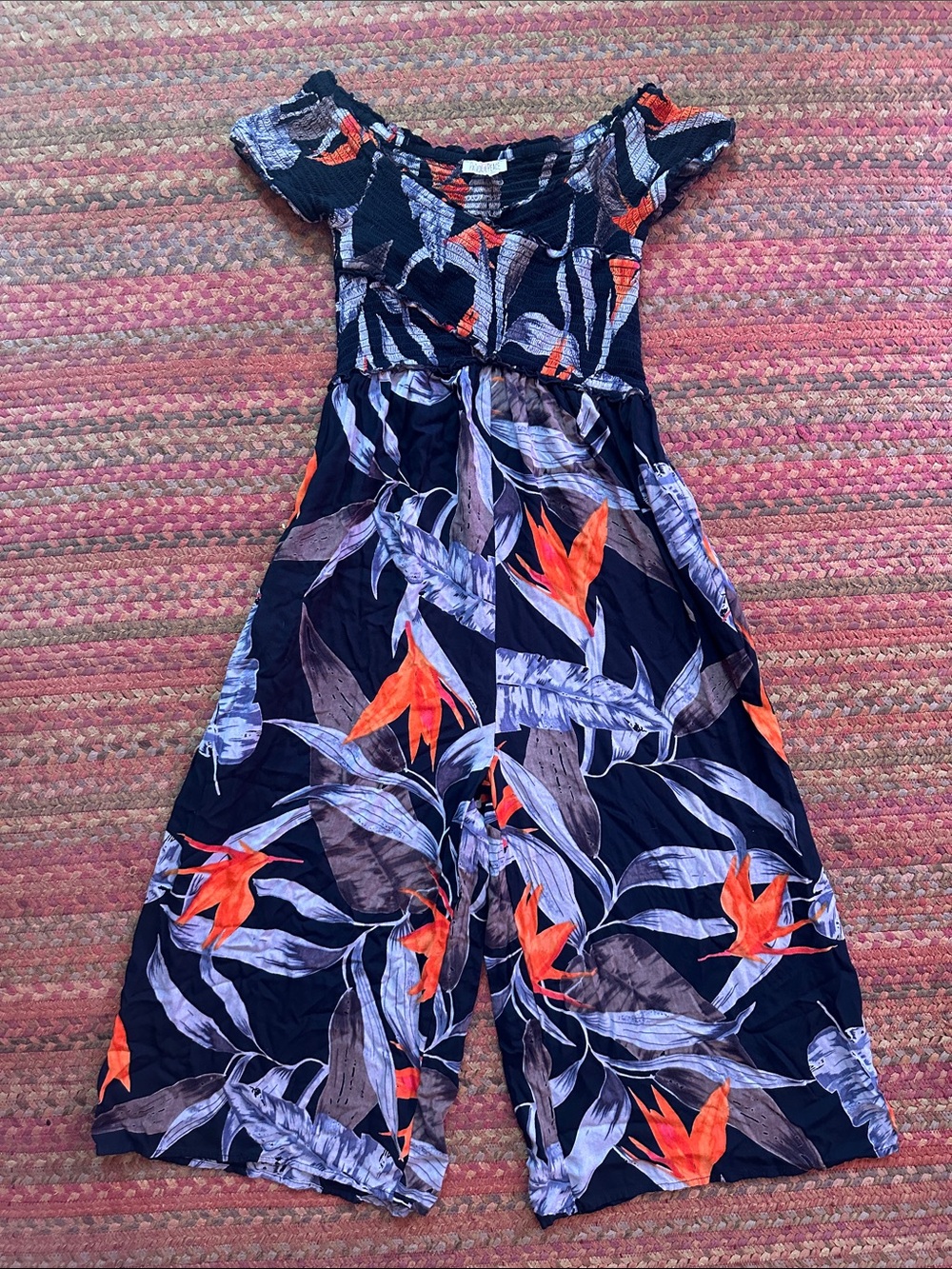 PATRONS OF PEACE ruched Navy Floral Off-Shoulder Jumpsuit with Orange tropical